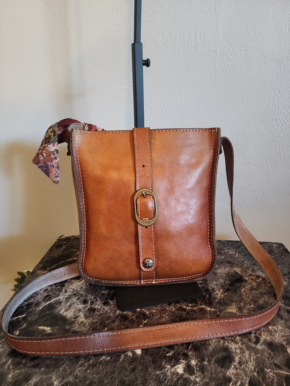 Patricia Nash Venezia Saddle Brown Leather Crossbody with Rivet Logo